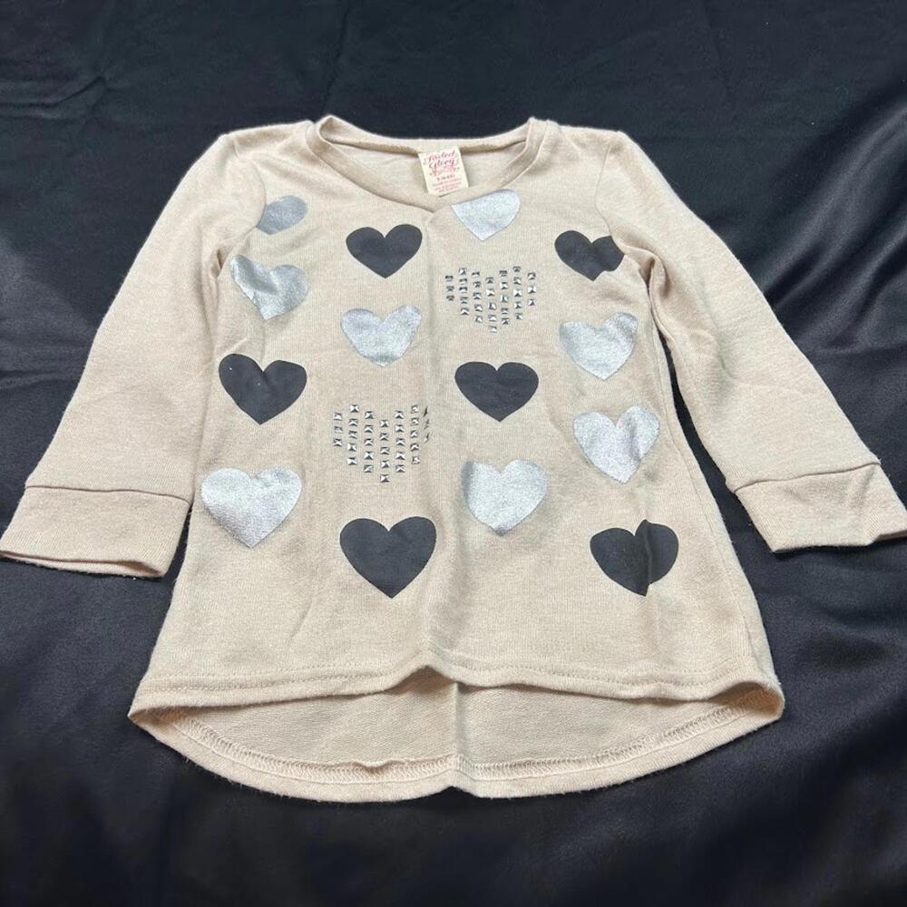 Faded Glory Girls Tan Long Sleeve‎ Shirt Size S (6Y) Silver & Black Hearts Top